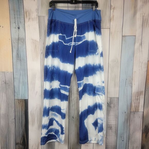 Oh My Bod Blue White Wide Leg Tie Dye Cargo Pants Size Medium - Picture 1 of 7